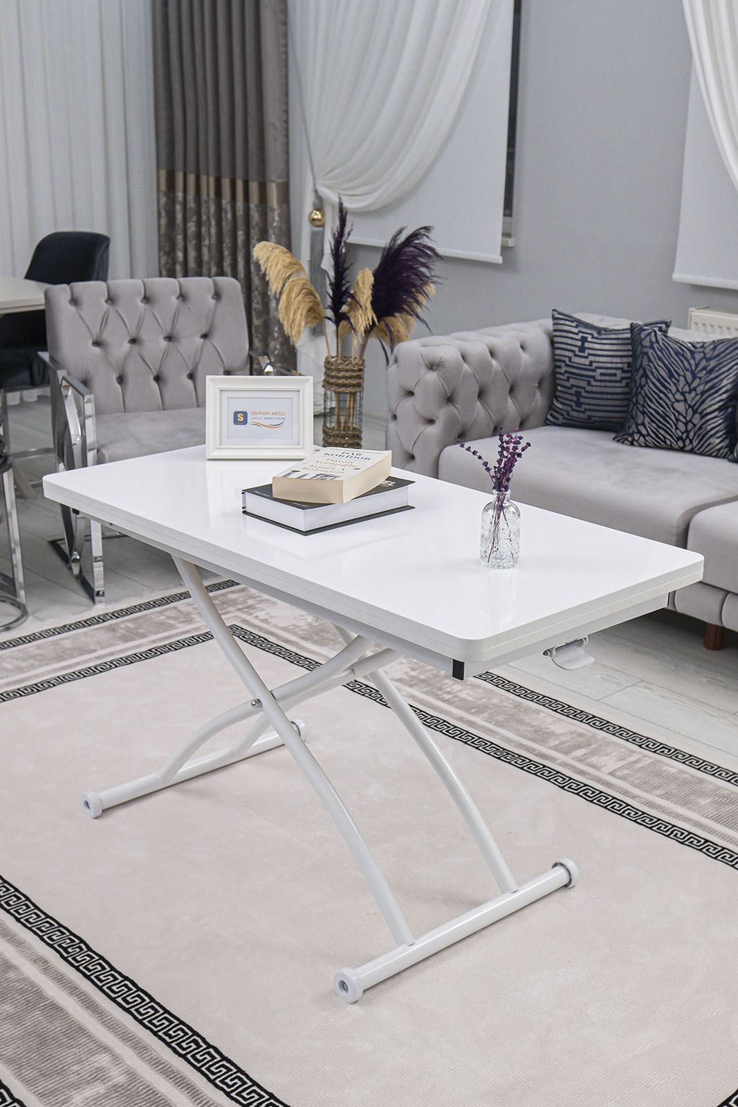 Juppo Smart Coffee Table – White MDF Top & White Outward-Curving Metal Leg