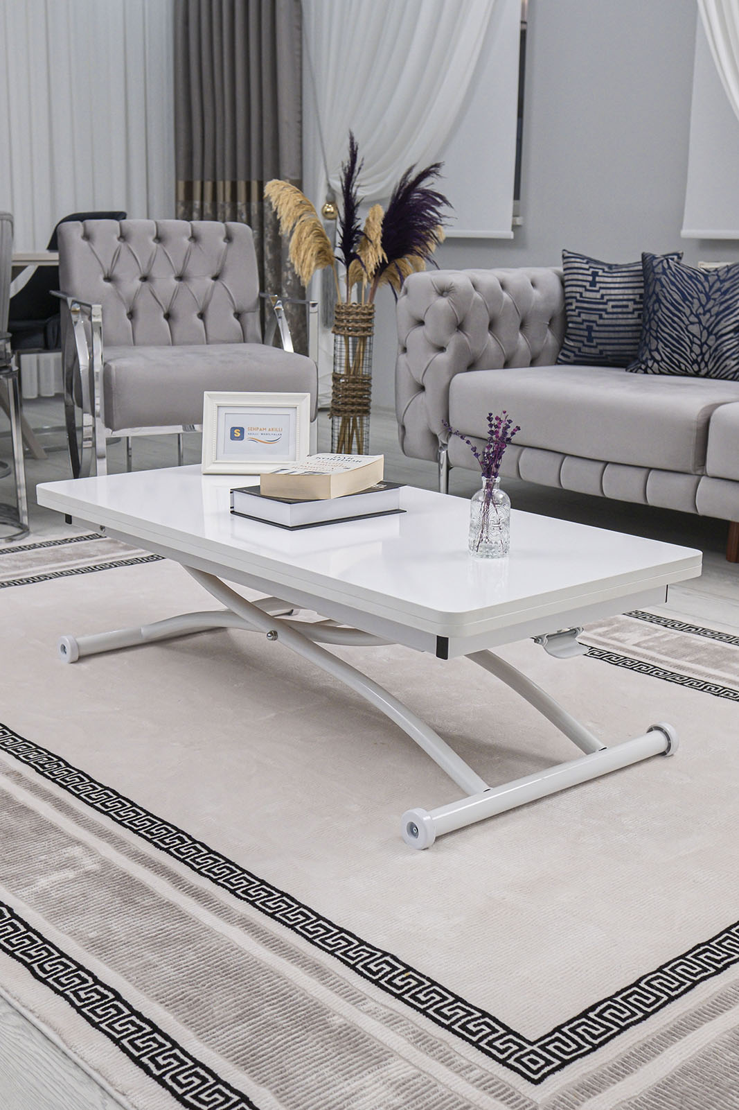Juppo Smart Coffee Table – White MDF Top & White Outward-Curving Metal Leg