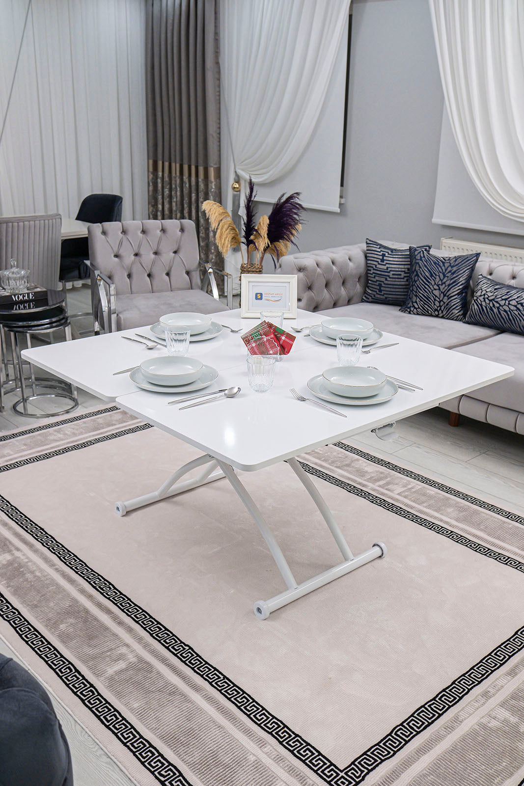 Juppo Smart Coffee Table – White MDF Top & White Outward-Curving Metal Leg