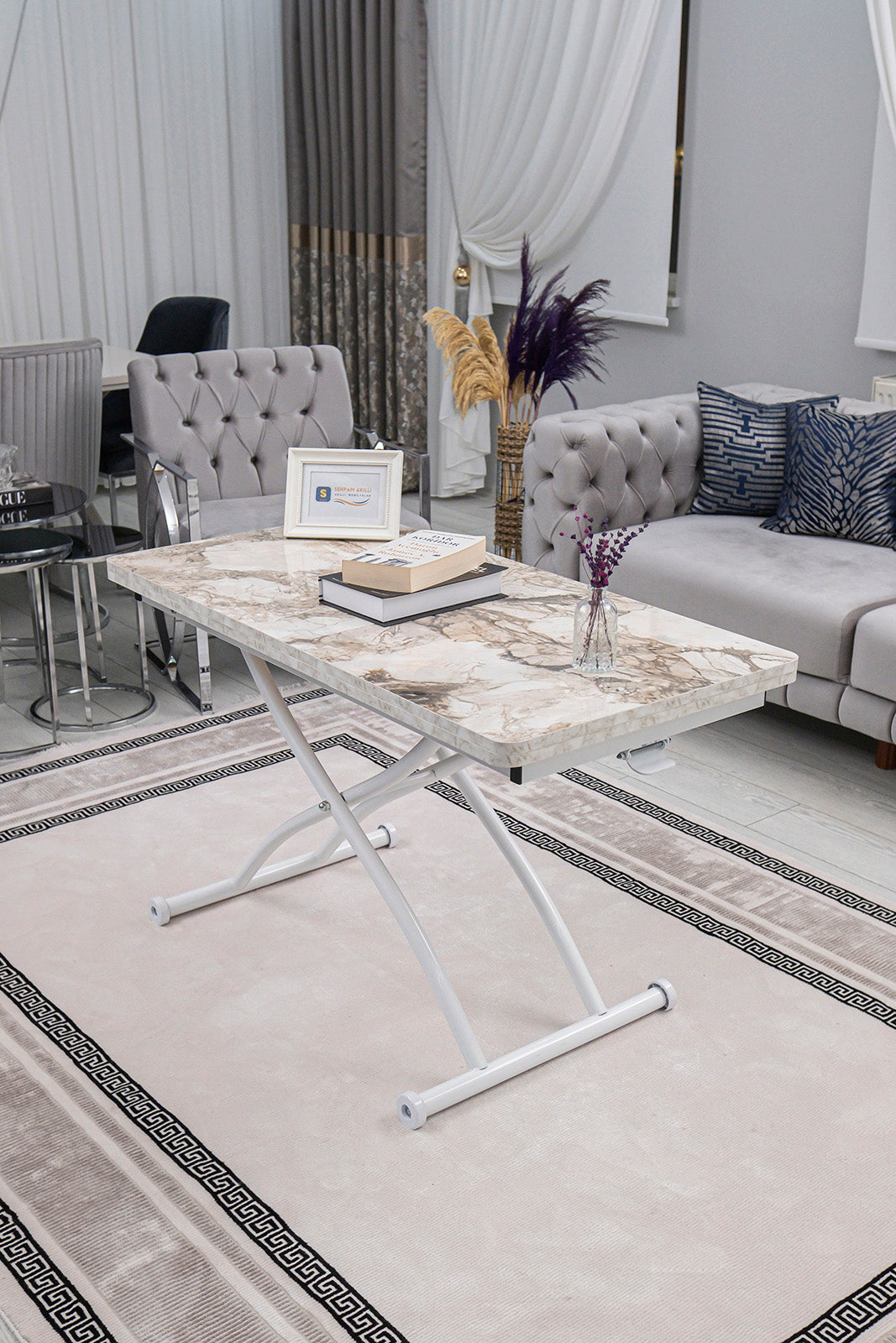 Juppo Smart Coffee Table – White Marble MDF Top & White Outward-Curving Metal Legs