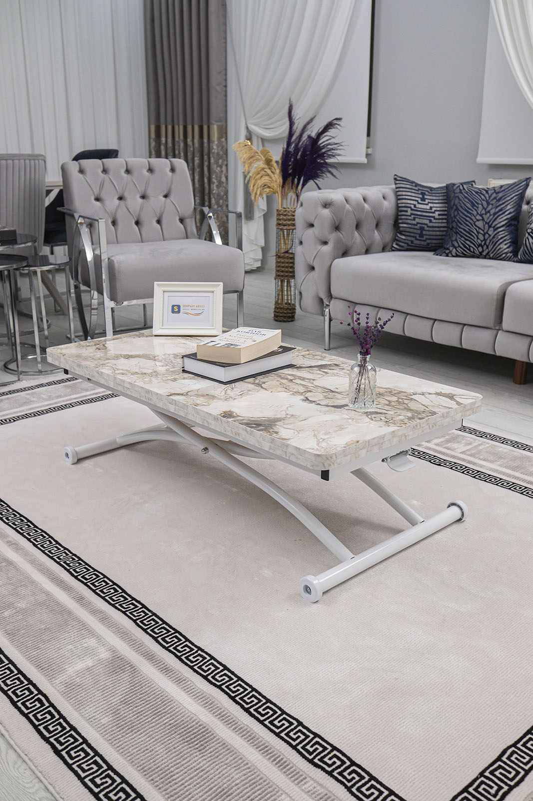Juppo Smart Coffee Table – White Marble MDF Top & White Outward-Curving Metal Legs