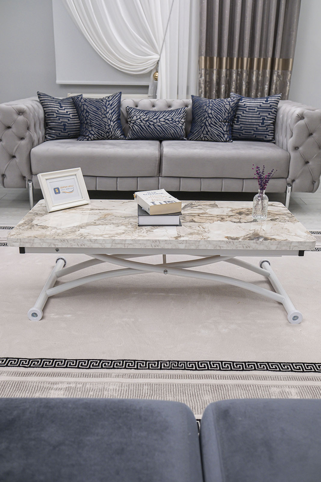 Juppo Smart Coffee Table – White Marble MDF Top & White Outward-Curving Metal Legs