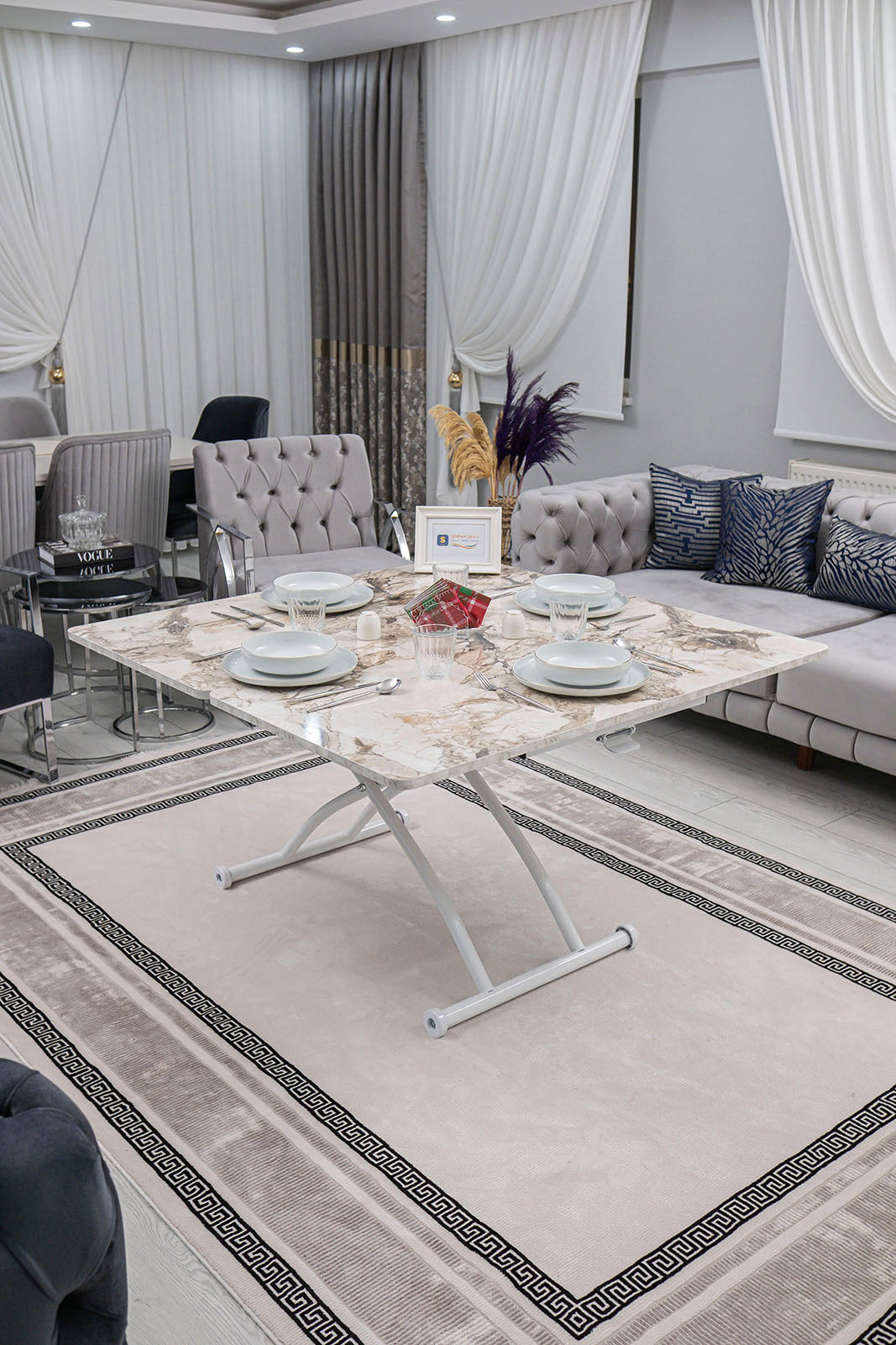 Juppo Smart Coffee Table – White Marble MDF Top & White Outward-Curving Metal Legs
