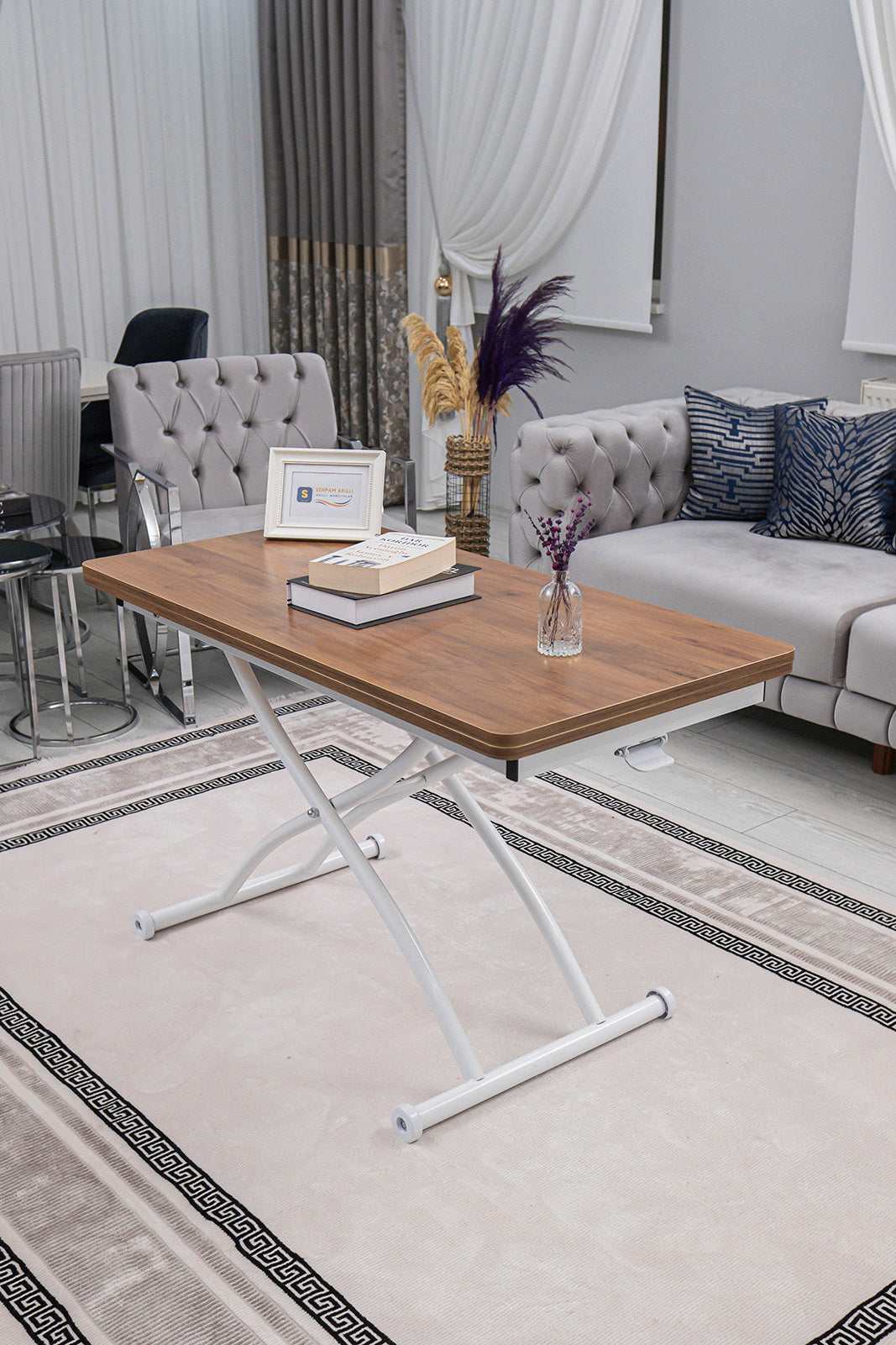 Juppo Smart Coffee Table – Walnut MDF Top & White Outward-Curving Metal Leg