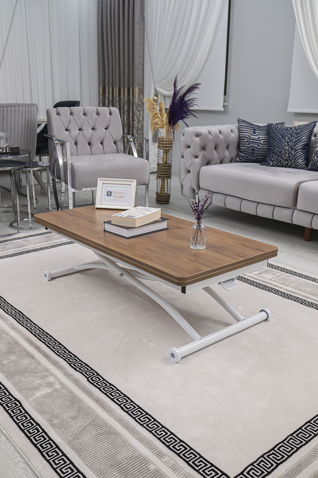 Juppo Smart Coffee Table – Walnut MDF Top & White Outward-Curving Metal Leg