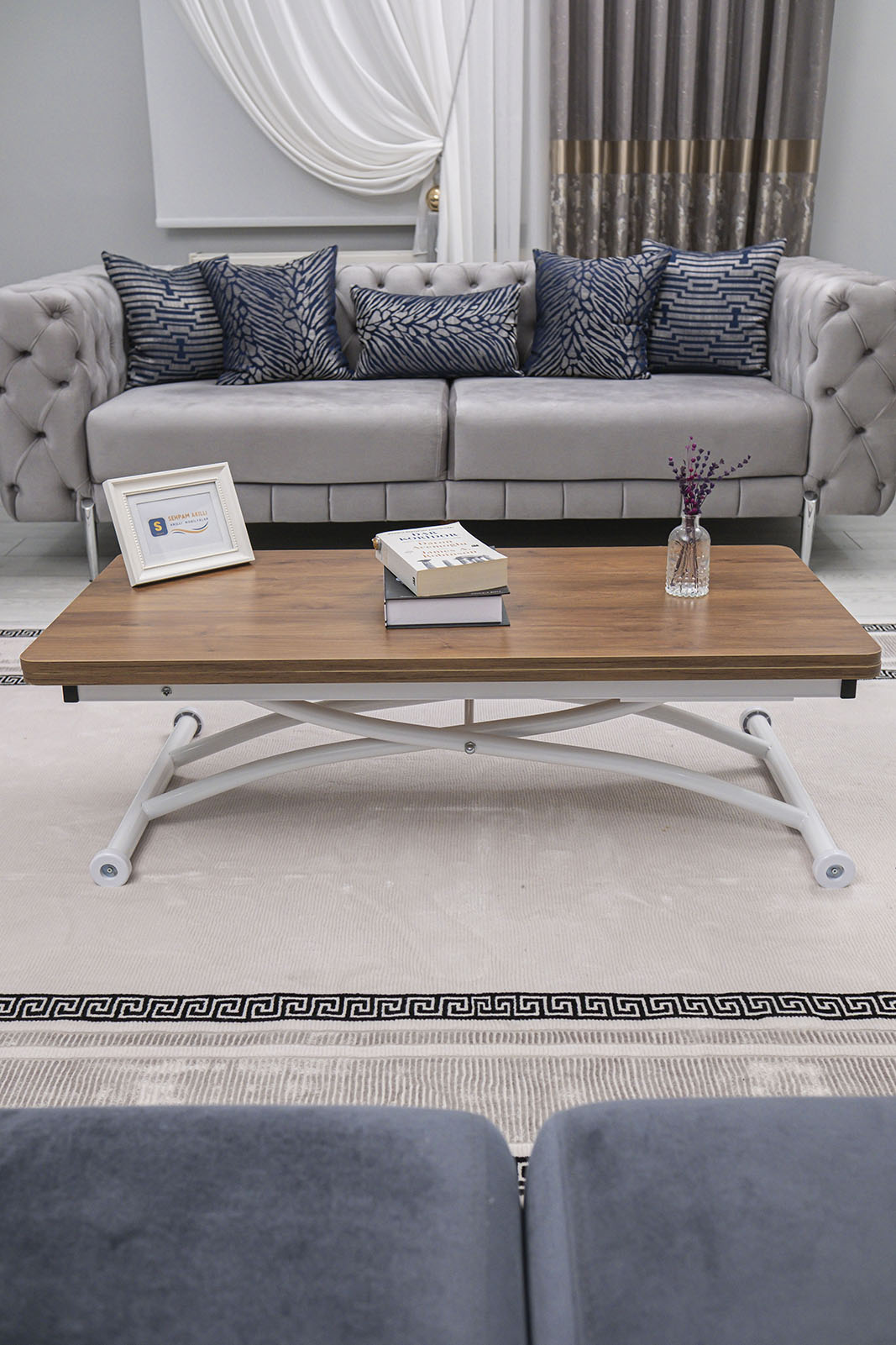 Juppo Smart Coffee Table – Walnut MDF Top & White Outward-Curving Metal Leg