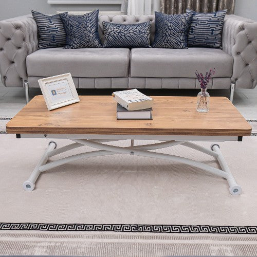 Juppo Smart Coffee Table – EfesCam MDF Top & White Outward-Curving Metal Legs