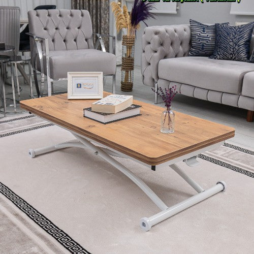 Juppo Smart Coffee Table – EfesCam MDF Top & White Outward-Curving Metal Legs
