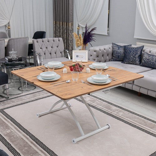 Juppo Smart Coffee Table – EfesCam MDF Top & White Outward-Curving Metal Legs