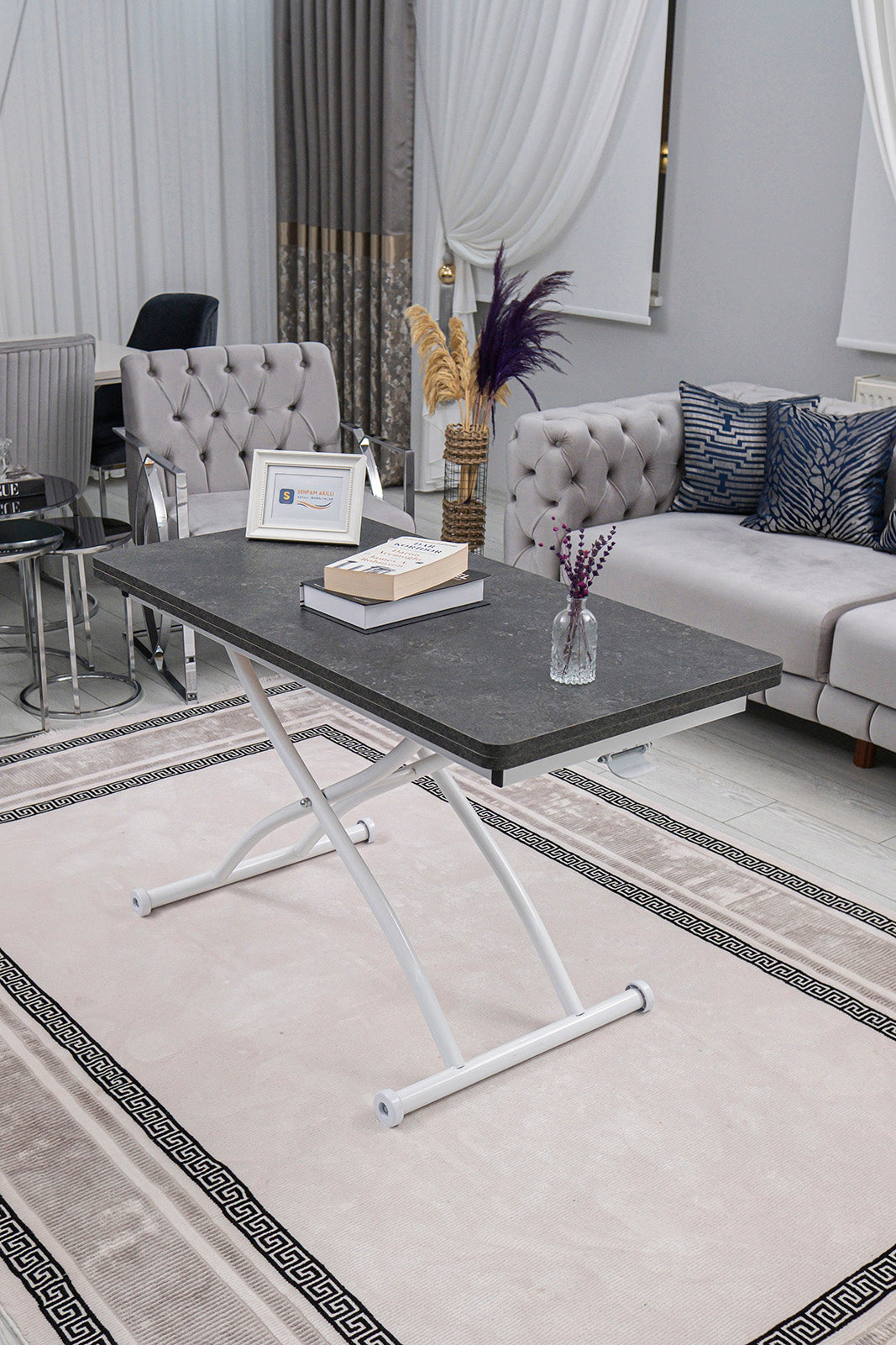 Juppo Smart Coffee Table – Anthracite MDF Top with Milling & White Outward Curved Metal Legs