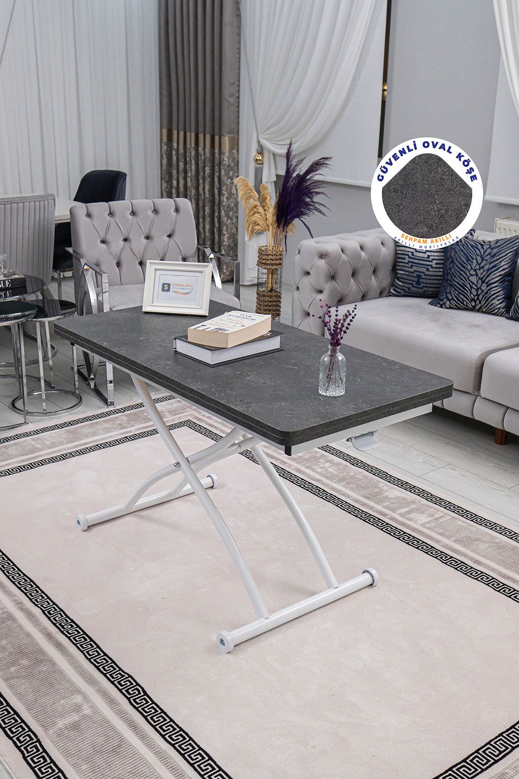 Juppo Smart Coffee Table – Anthracite MDF Top with Milling & White Outward Curved Metal Legs