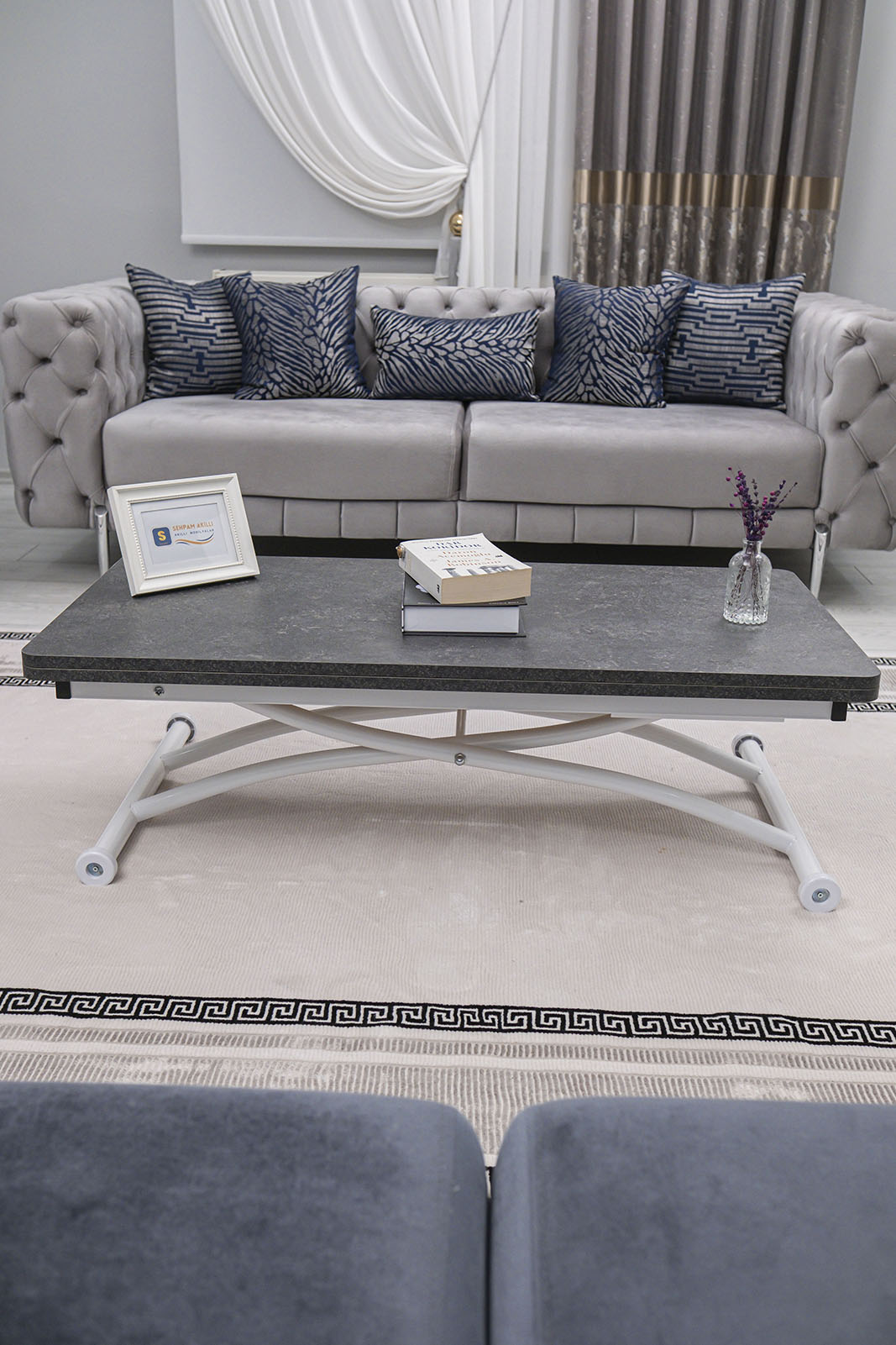 Juppo Smart Coffee Table – Anthracite MDF Top with Milling & White Outward Curved Metal Legs