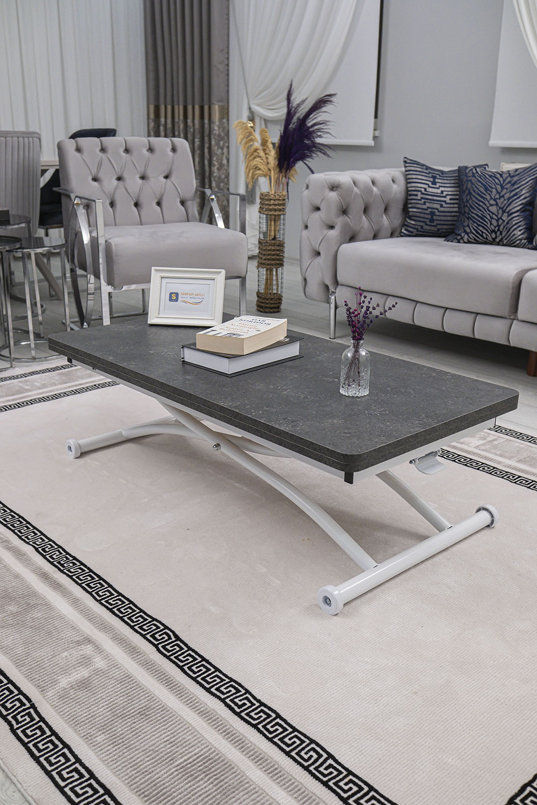 Juppo Smart Coffee Table – Anthracite MDF Top with Milling & White Outward Curved Metal Legs