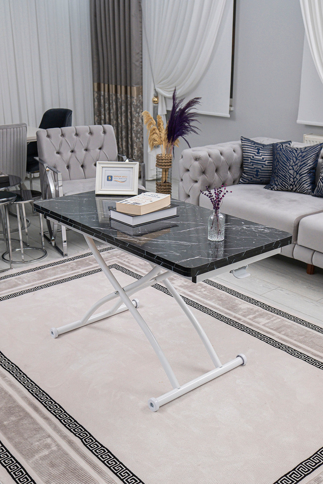 Juppo Smart Coffee Table - Black Marble MDF Top & White Outward Curved Metal Leg
