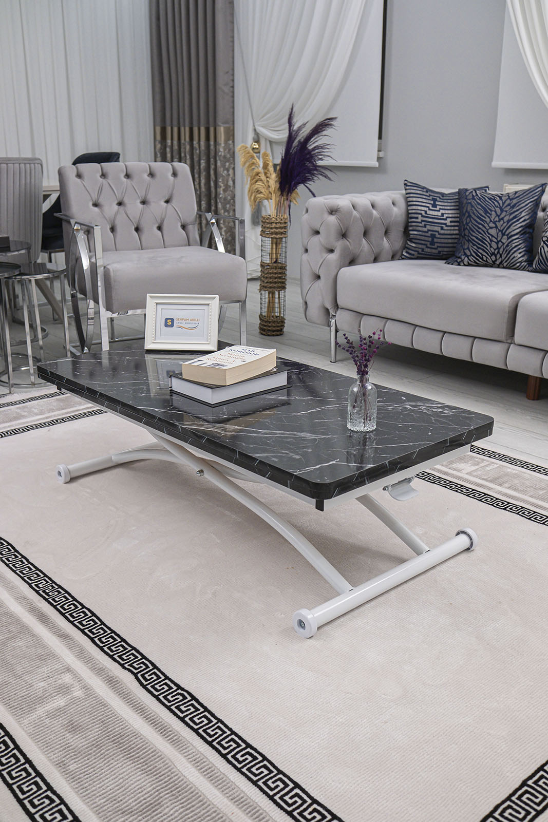 Juppo Smart Coffee Table - Black Marble MDF Top & White Outward Curved Metal Leg