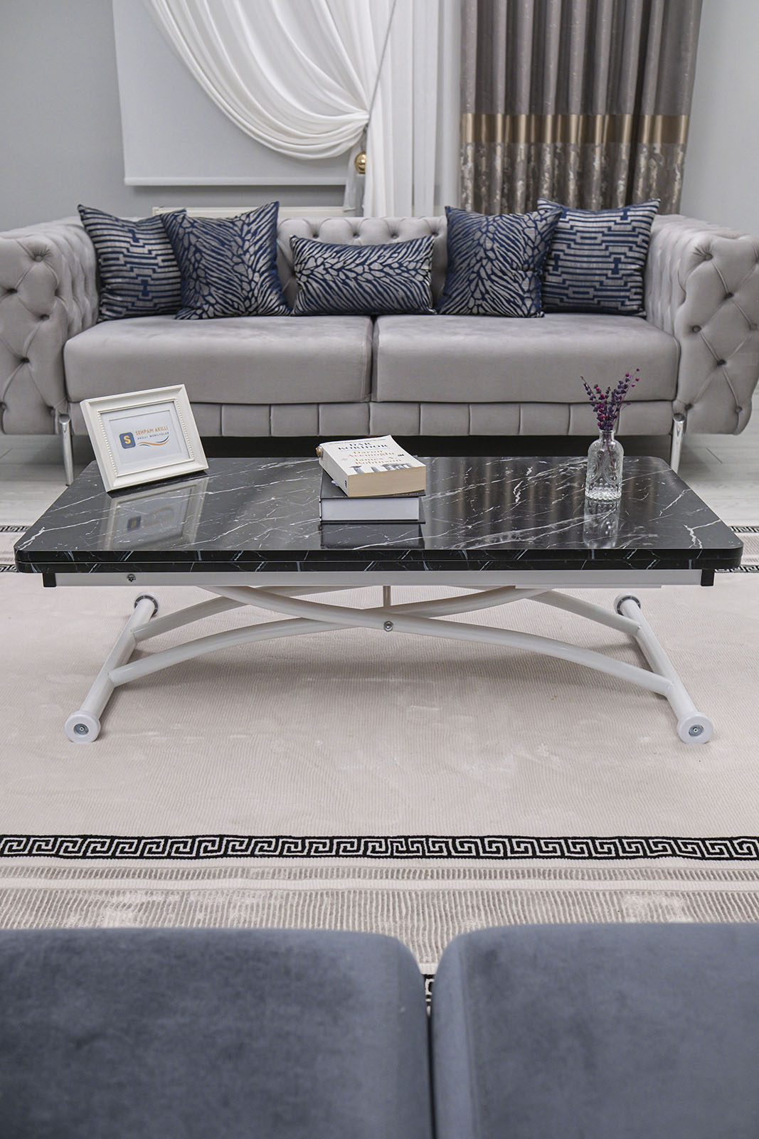 Juppo Smart Coffee Table - Black Marble MDF Top & White Outward Curved Metal Leg