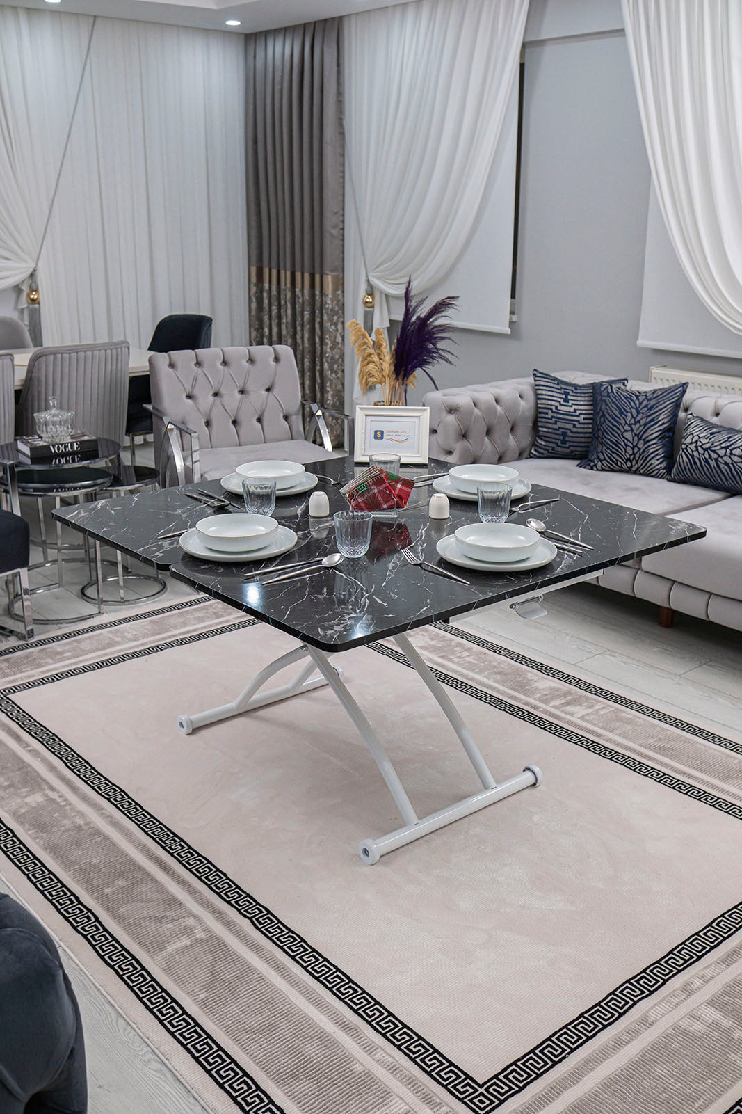 Juppo Smart Coffee Table - Black Marble MDF Top & White Outward Curved Metal Leg