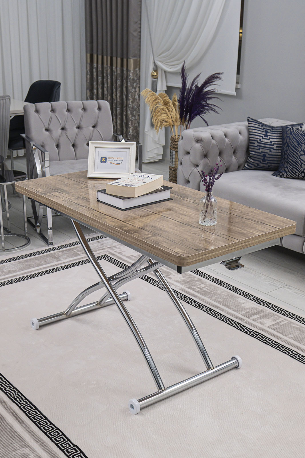 Juppo Smart Coffee Table – Antique Light MDF Top & Chrome Outward Curved Metal Legs