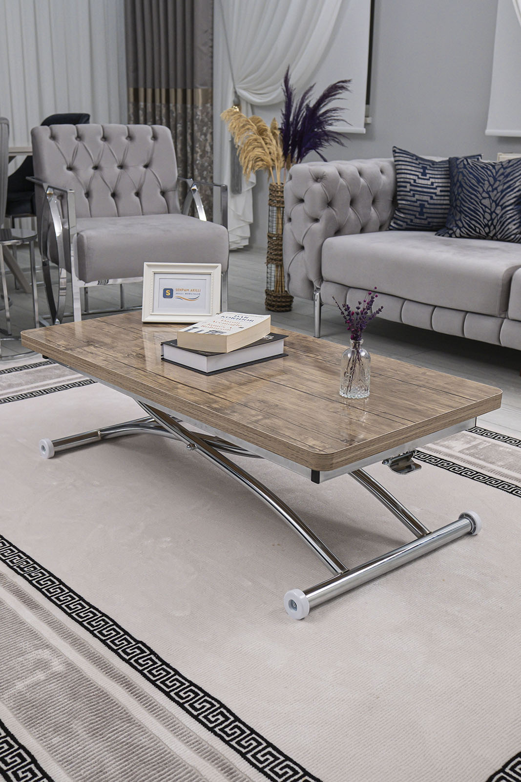 Juppo Smart Coffee Table – Antique Light MDF Top & Chrome Outward Curved Metal Legs
