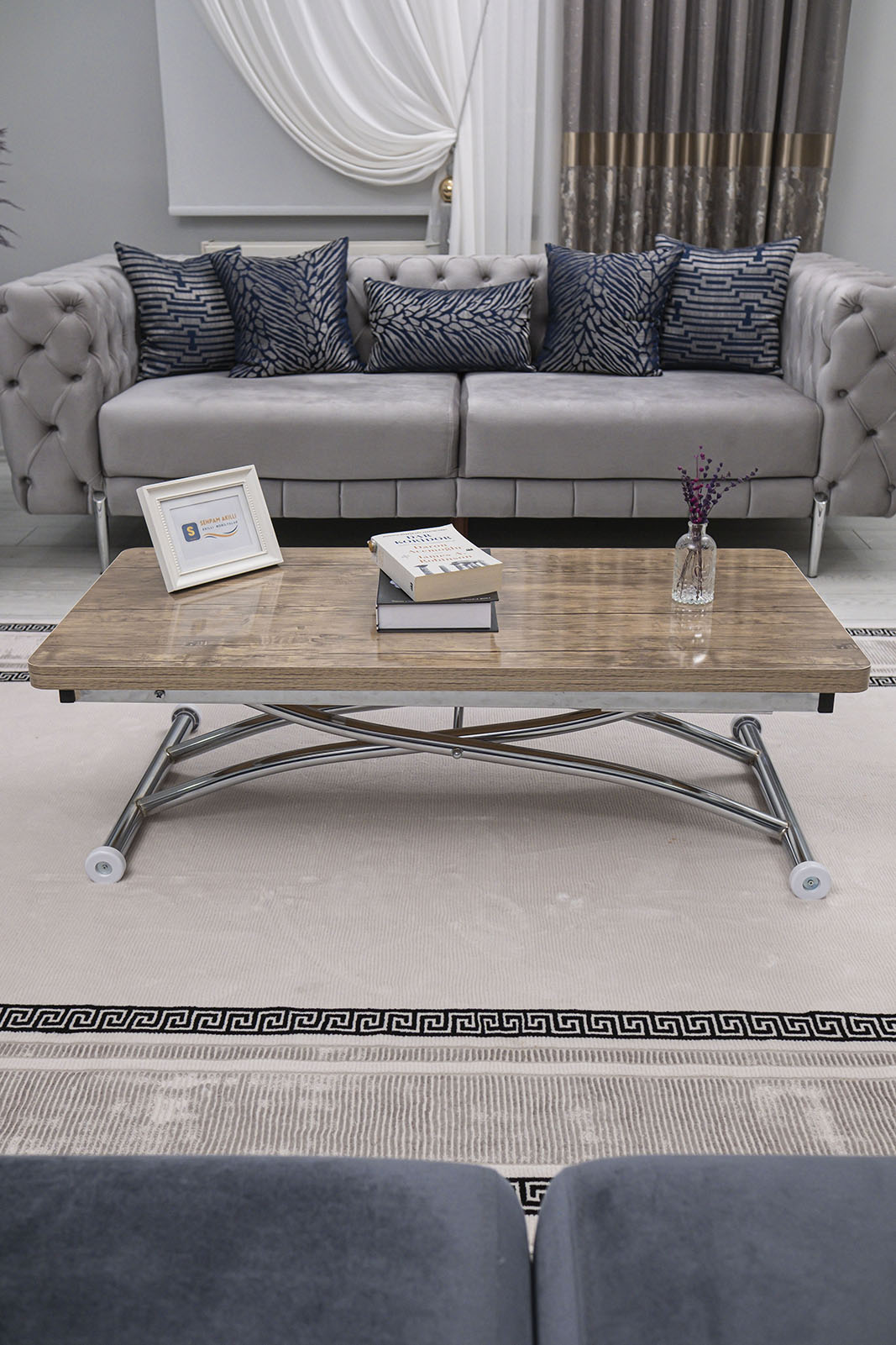 Juppo Smart Coffee Table – Antique Light MDF Top & Chrome Outward Curved Metal Legs