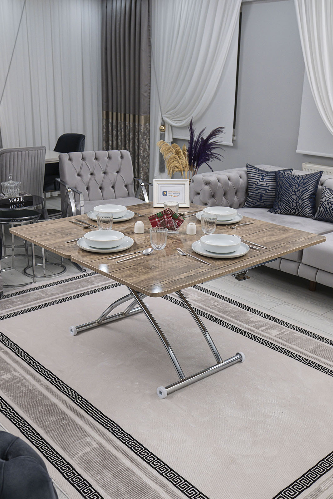 Juppo Smart Coffee Table – Antique Light MDF Top & Chrome Outward Curved Metal Legs