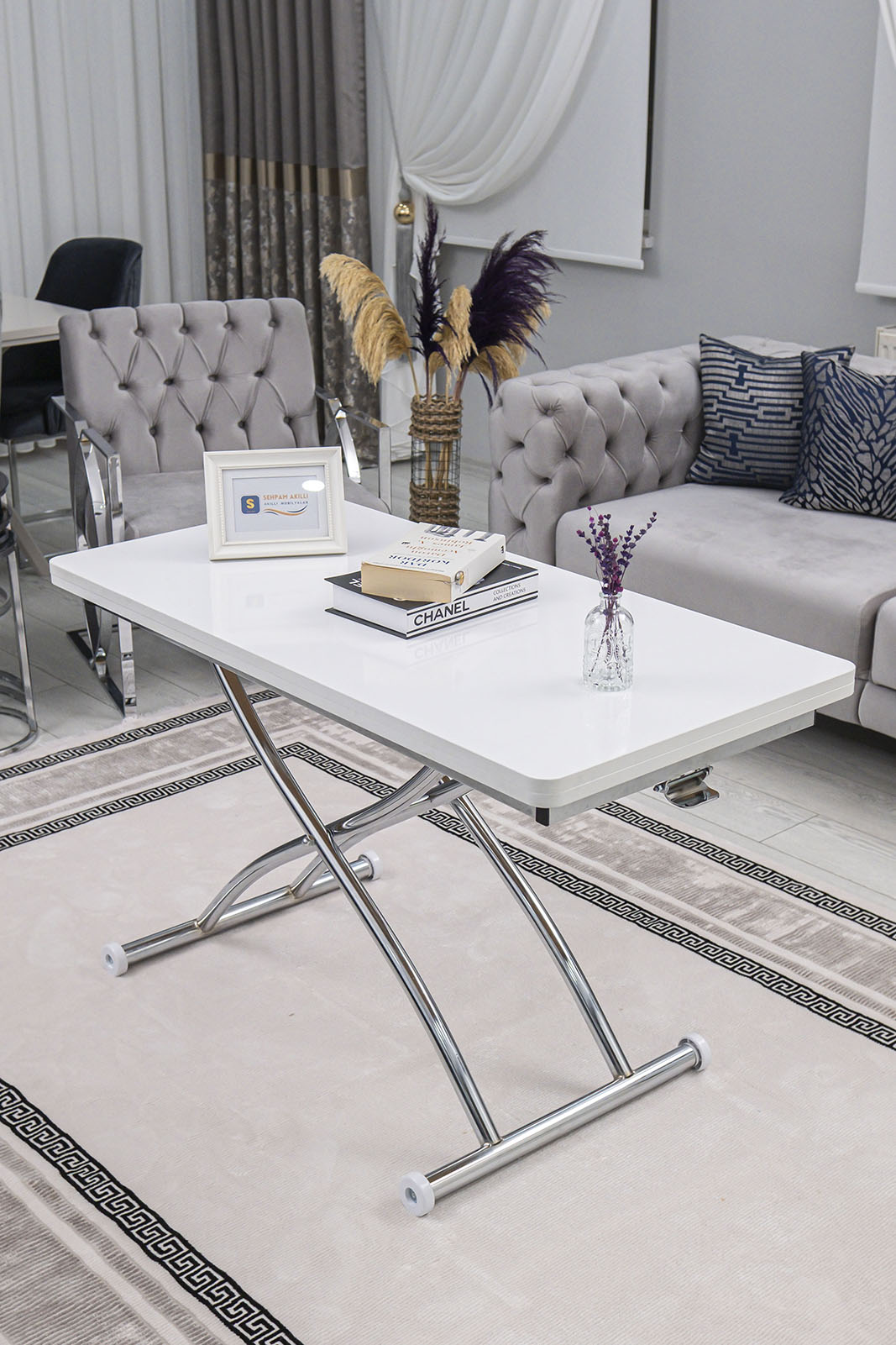 Juppo Smart Coffee Table – White MDF Top & Chrome Outward Curved Metal Leg