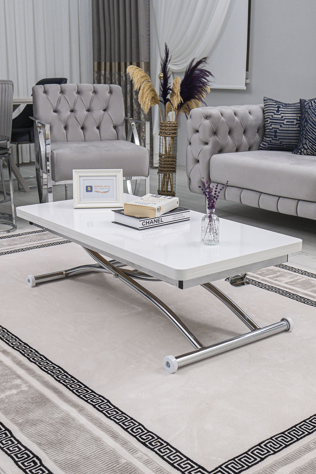 Juppo Smart Coffee Table – White MDF Top & Chrome Outward Curved Metal Leg