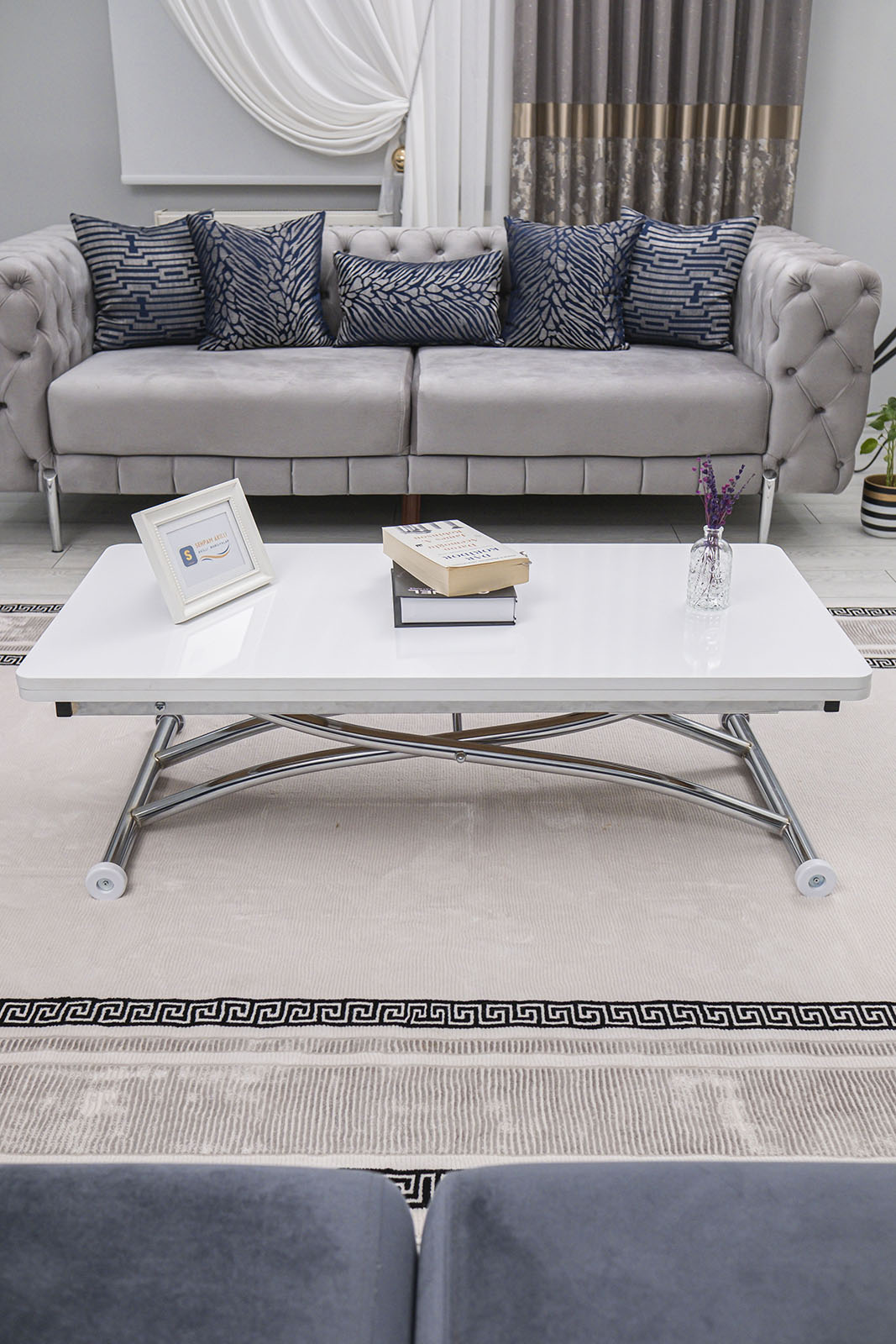 Juppo Smart Coffee Table – White MDF Top & Chrome Outward Curved Metal Leg