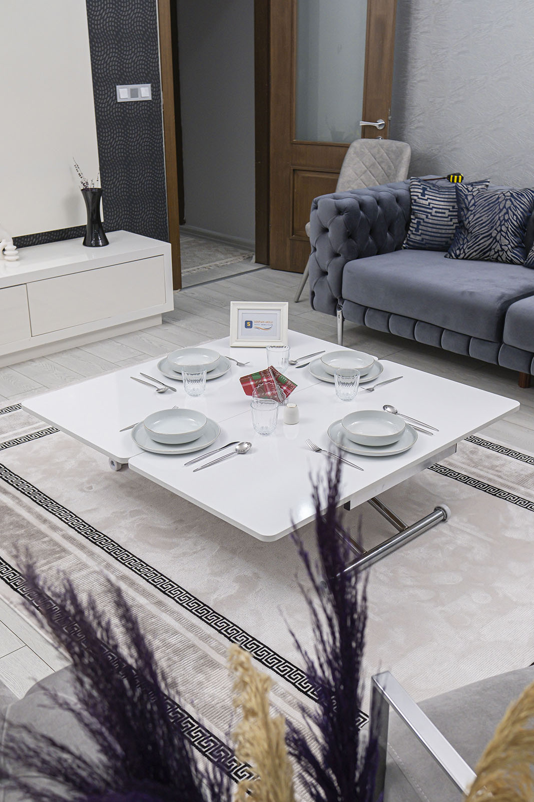 Juppo Smart Coffee Table – White MDF Top & Chrome Outward Curved Metal Leg