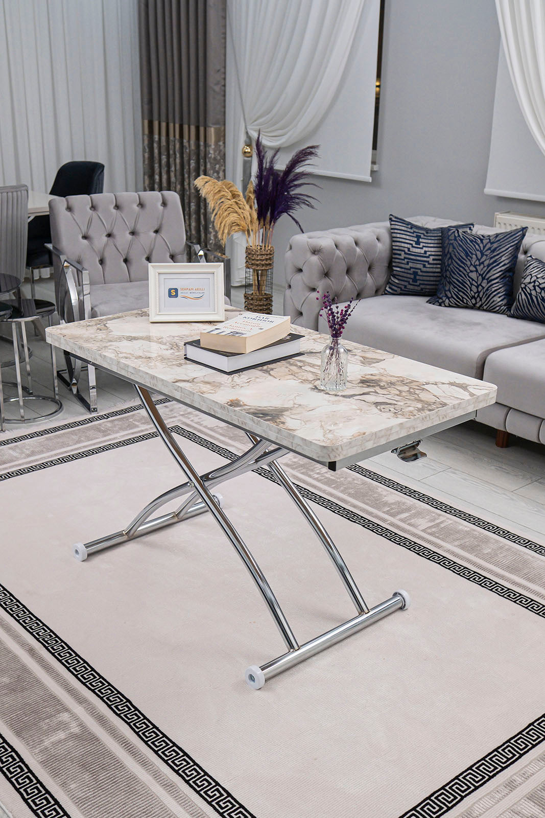 Juppo Smart Coffee Table – White Marble MDF Top & Chrome Outward Curved Metal Leg
