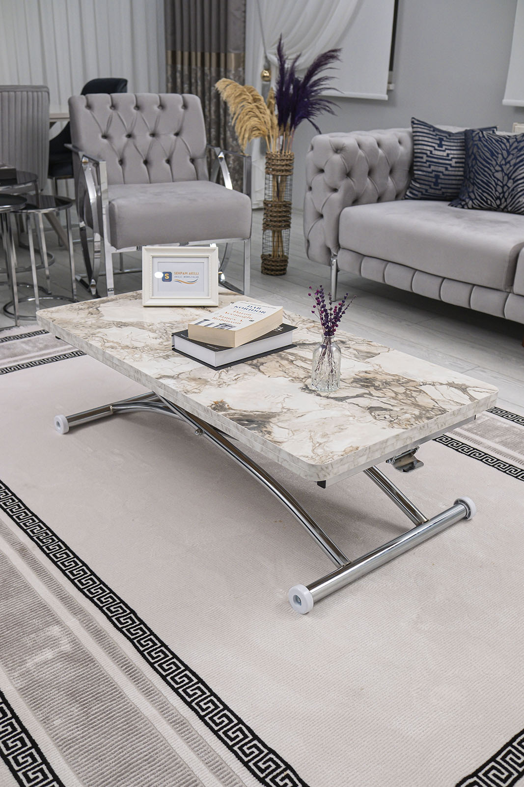Juppo Smart Coffee Table – White Marble MDF Top & Chrome Outward Curved Metal Leg