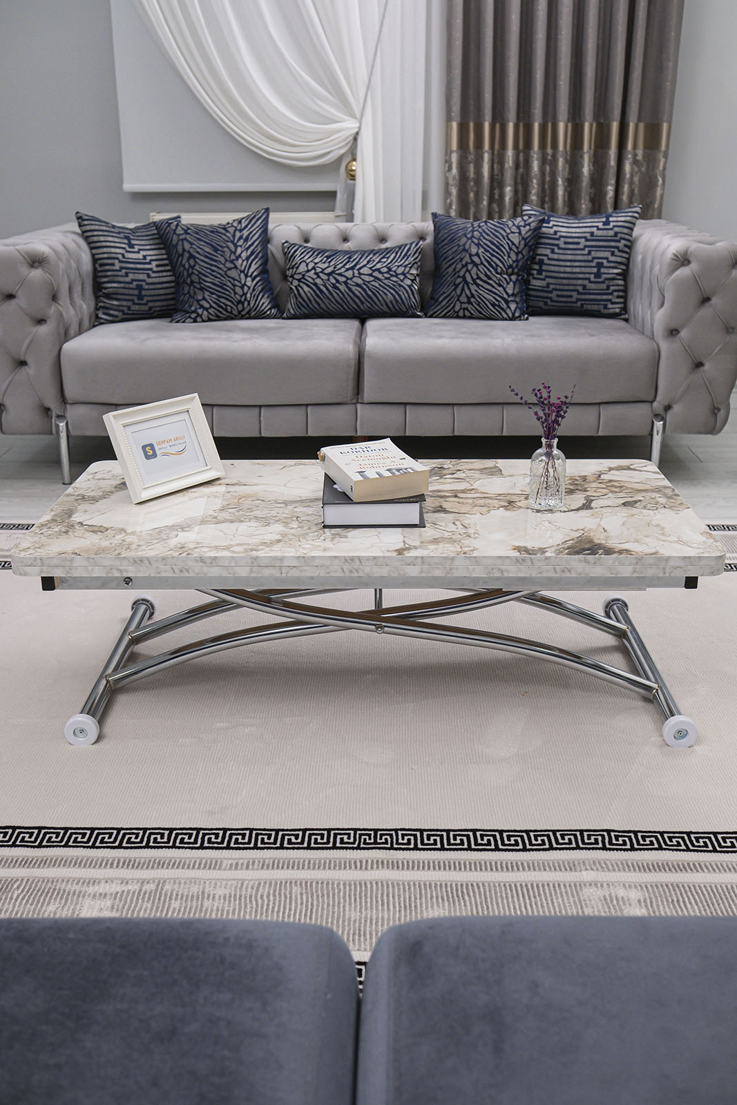Juppo Smart Coffee Table – White Marble MDF Top & Chrome Outward Curved Metal Leg