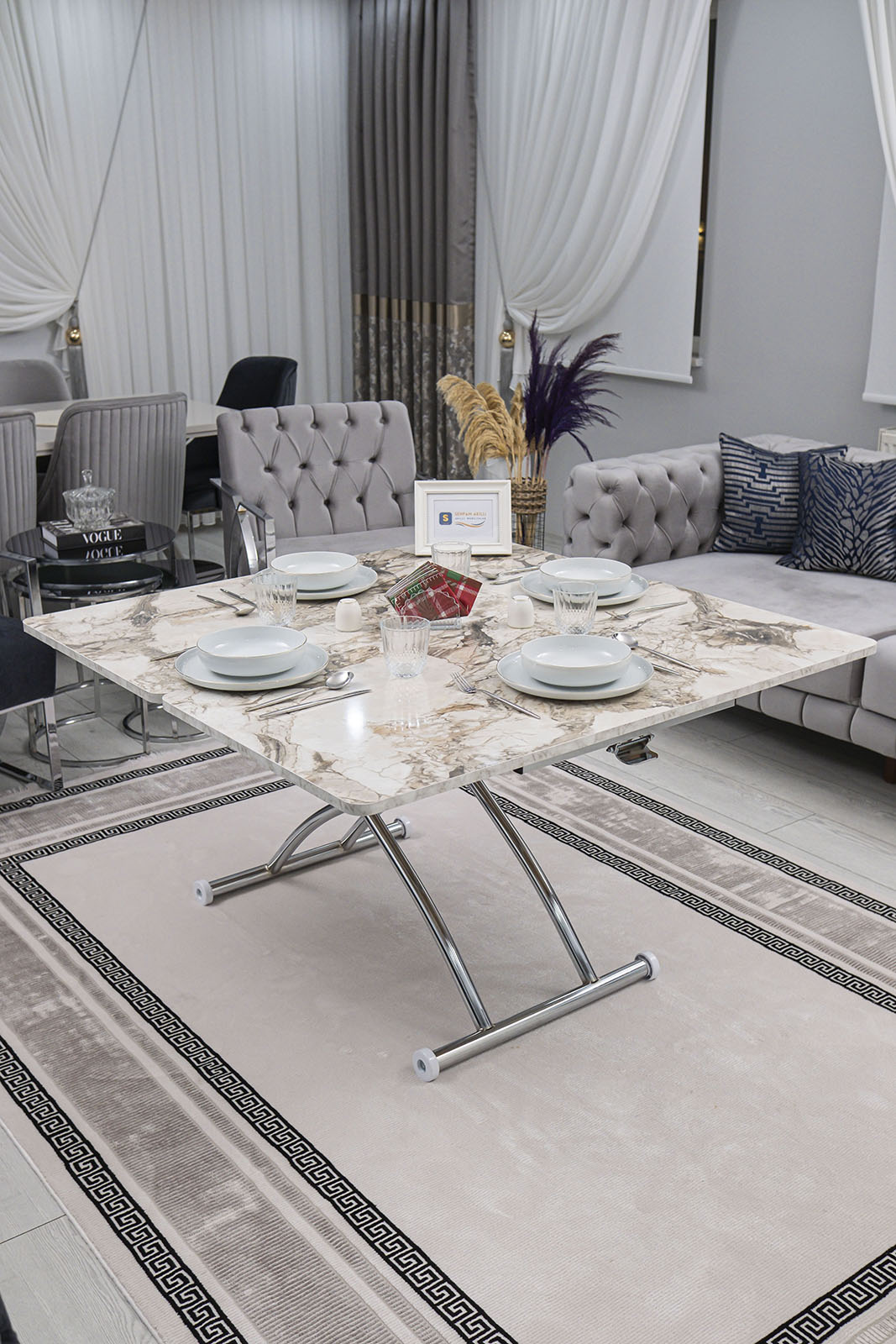 Juppo Smart Coffee Table – White Marble MDF Top & Chrome Outward Curved Metal Leg