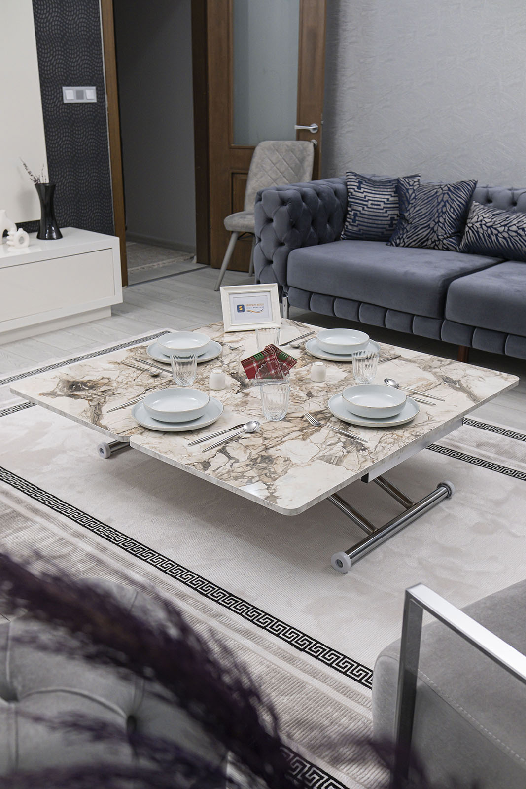 Juppo Smart Coffee Table – White Marble MDF Top & Chrome Outward Curved Metal Leg