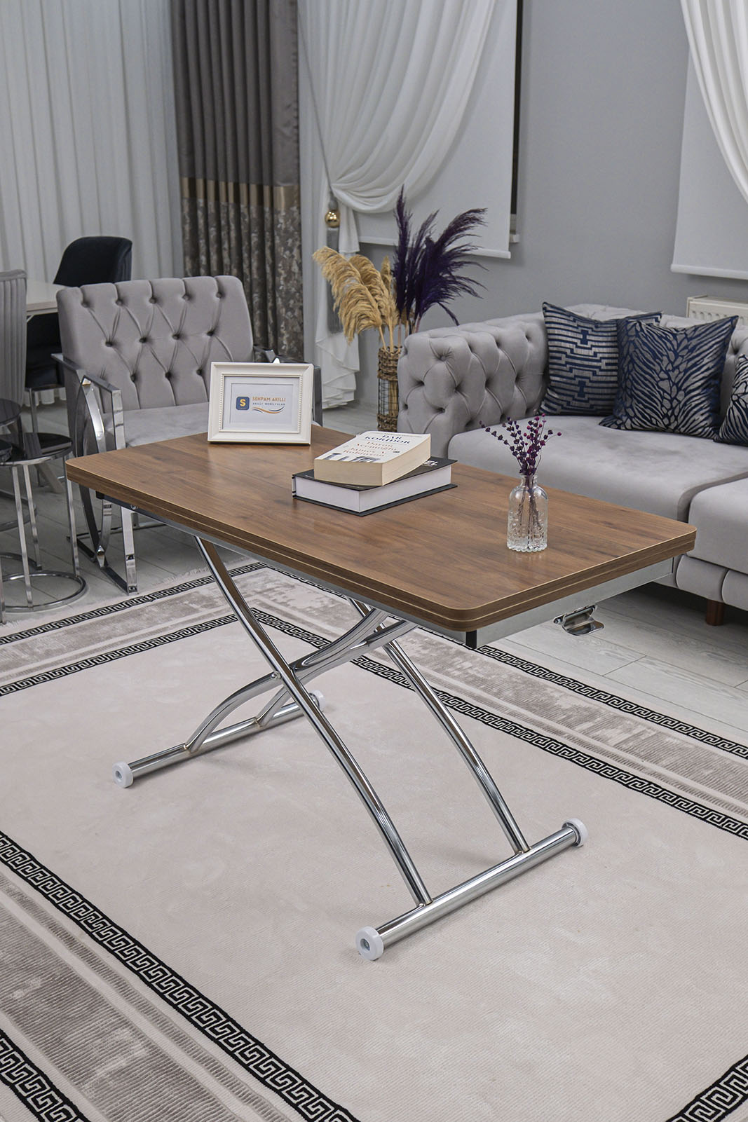 Juppo Smart Coffee Table – Walnut MDF Top & Chrome Outward Curved Metal Legs