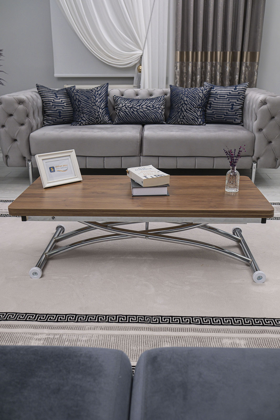 Juppo Smart Coffee Table – Walnut MDF Top & Chrome Outward Curved Metal Legs