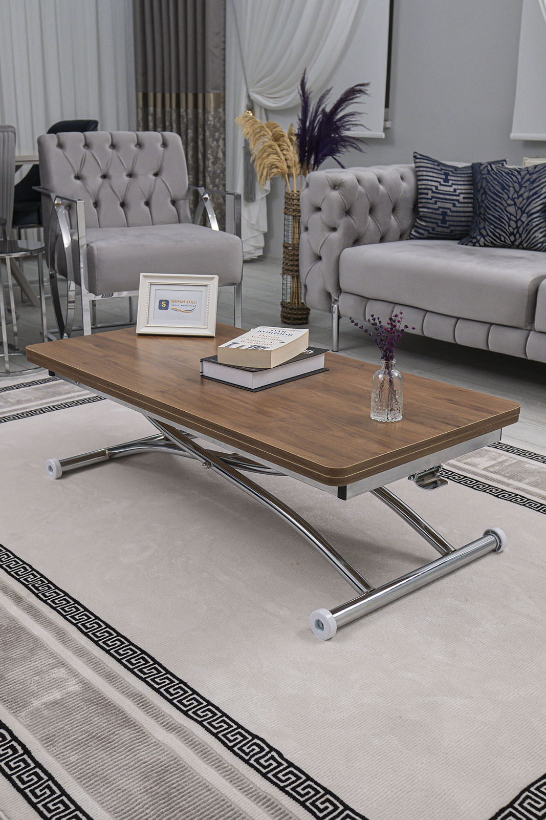 Juppo Smart Coffee Table – Walnut MDF Top & Chrome Outward Curved Metal Legs