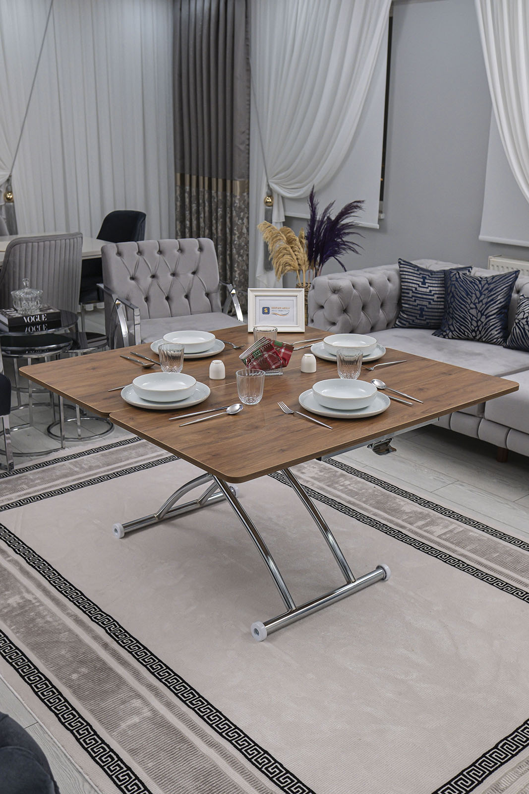 Juppo Smart Coffee Table – Walnut MDF Top & Chrome Outward Curved Metal Legs
