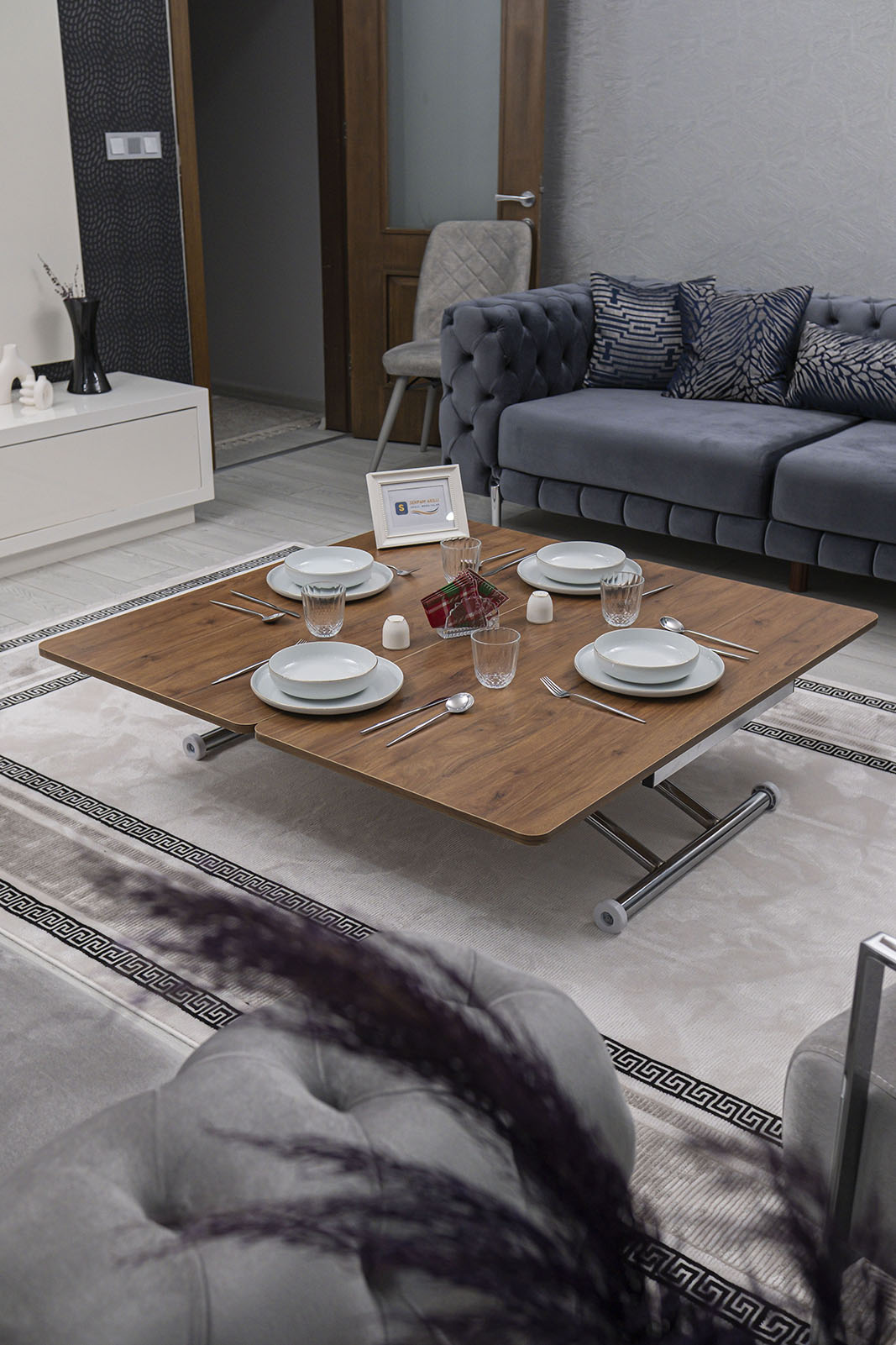 Juppo Smart Coffee Table – Walnut MDF Top & Chrome Outward Curved Metal Legs