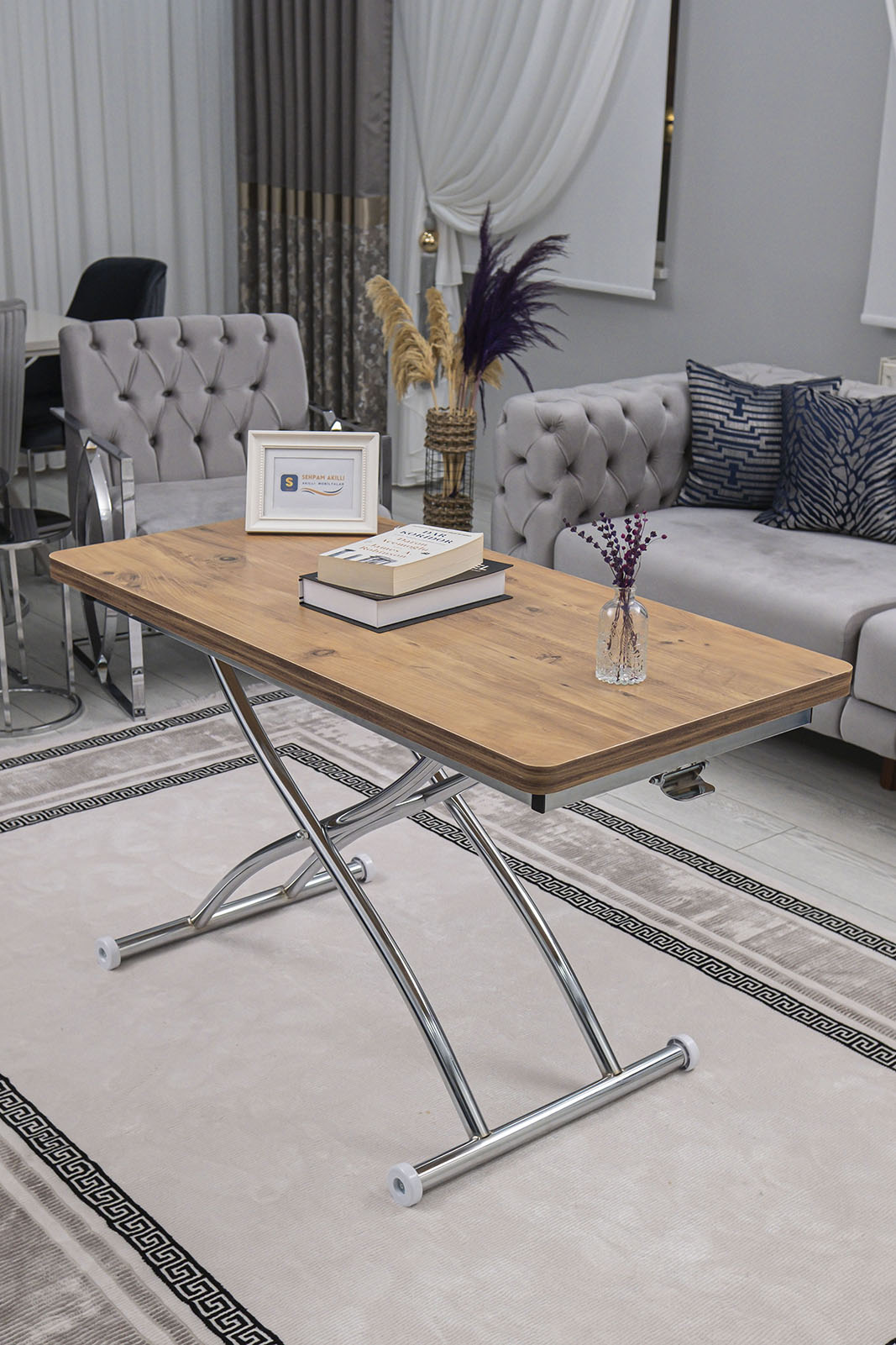 Juppo Smart Coffee Table – EfesCam MDF Top & Chrome Outwardly Curved Metal Legs