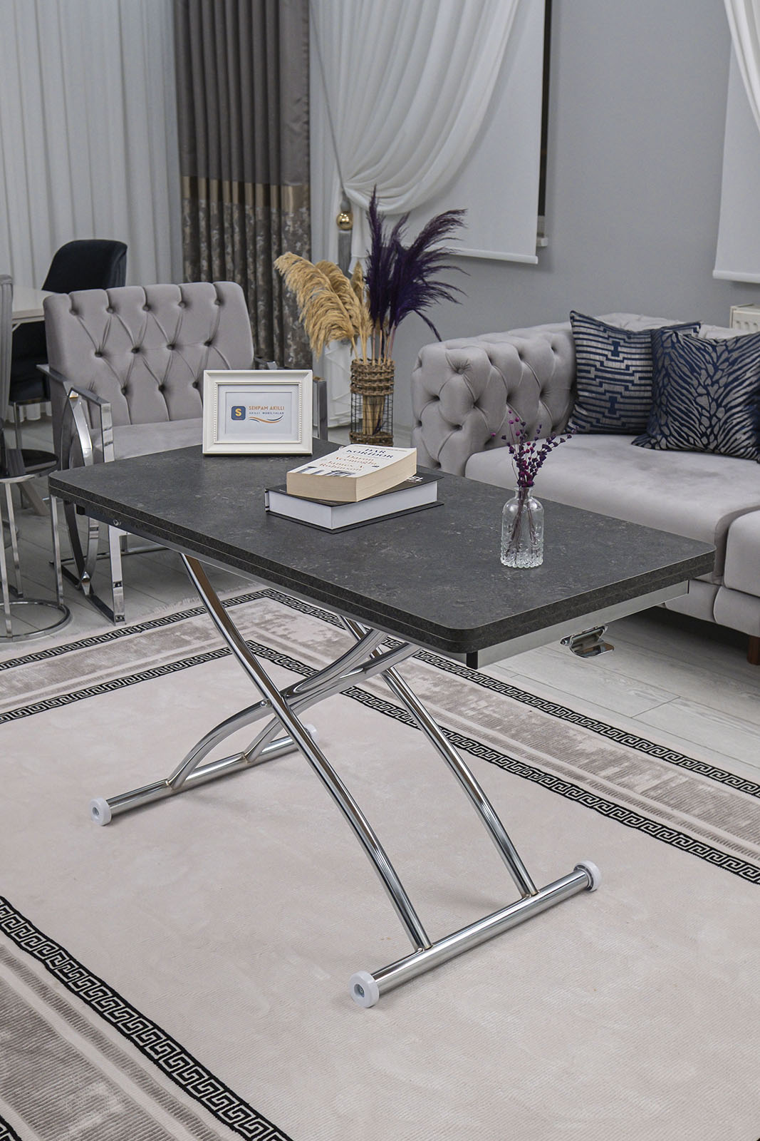 Juppo Smart Coffee Table – Milled Anthracite MDF Top & Chrome Outward Curved Metal Leg