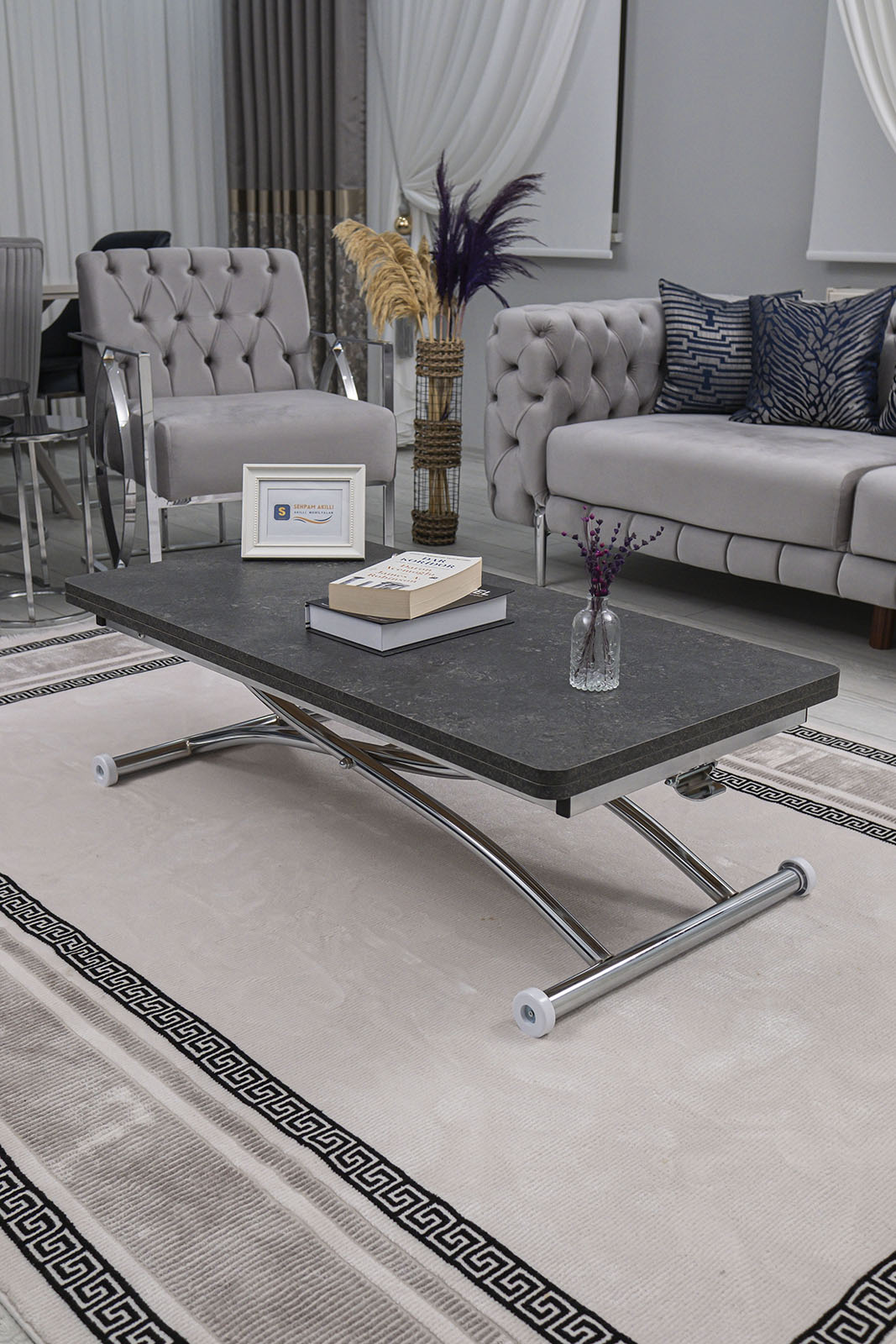 Juppo Smart Coffee Table – Milled Anthracite MDF Top & Chrome Outward Curved Metal Leg