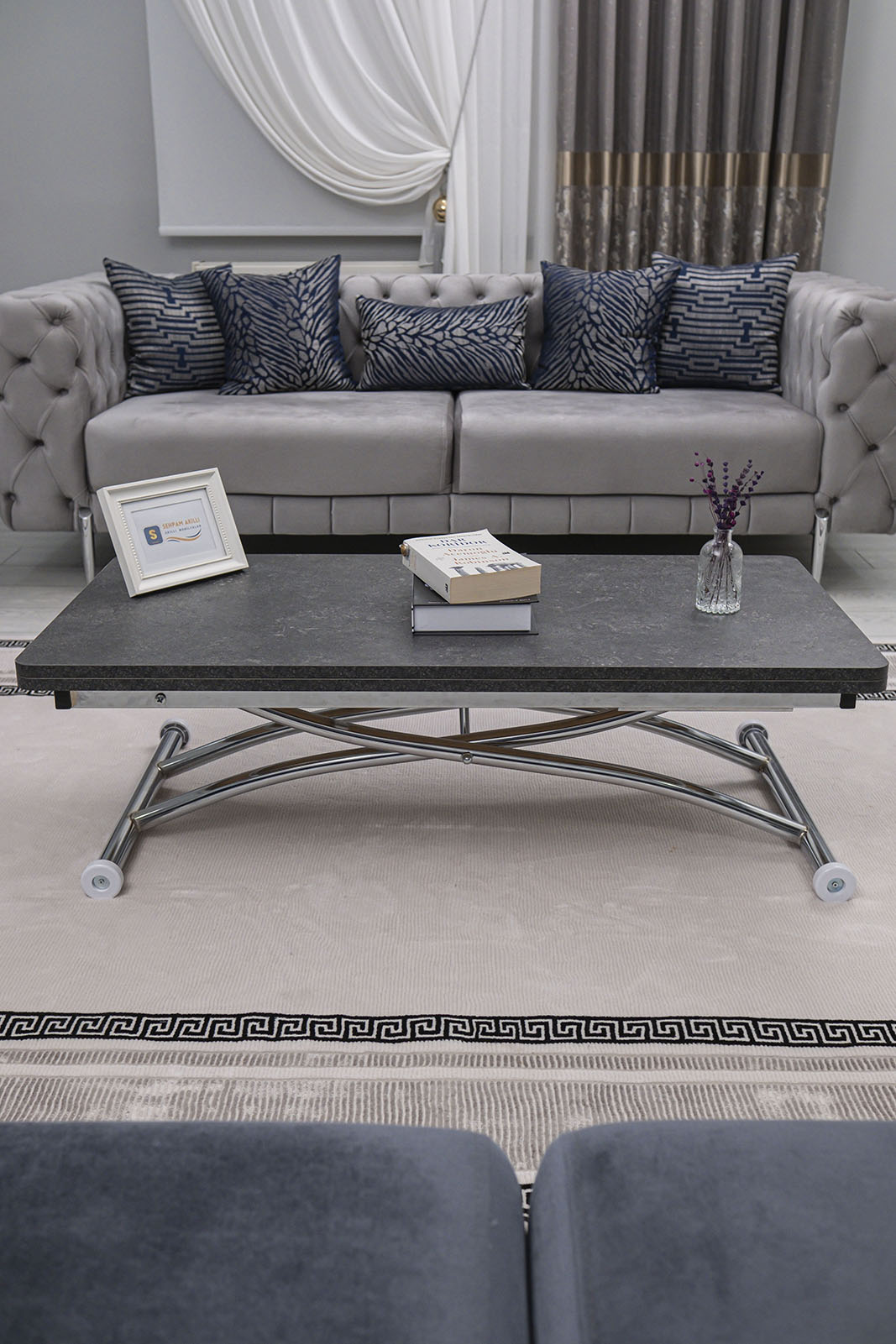 Juppo Smart Coffee Table – Milled Anthracite MDF Top & Chrome Outward Curved Metal Leg