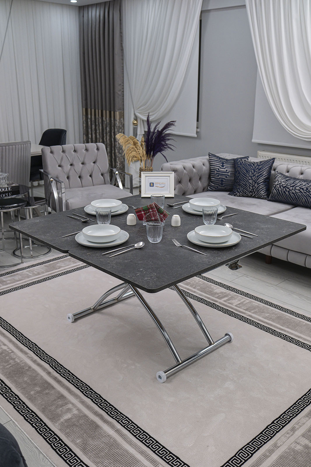 Juppo Smart Coffee Table – Milled Anthracite MDF Top & Chrome Outward Curved Metal Leg