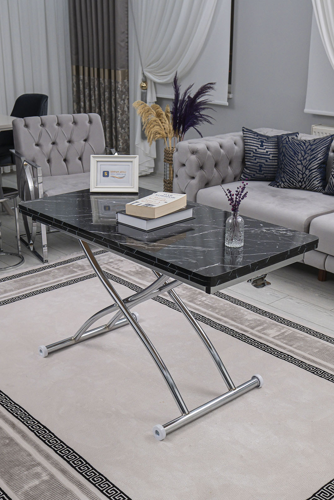 Juppo Smart Coffee Table – Black Marble MDF Top & Chrome Outward Curved Metal Leg