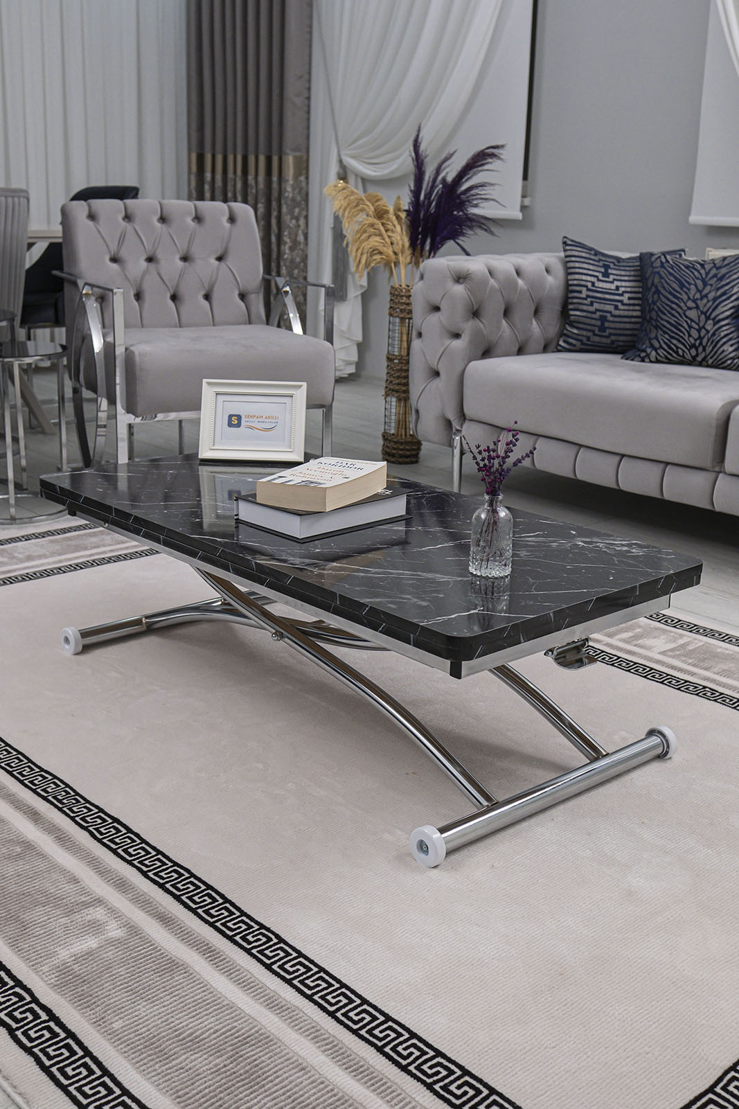 Juppo Smart Coffee Table – Black Marble MDF Top & Chrome Outward Curved Metal Leg