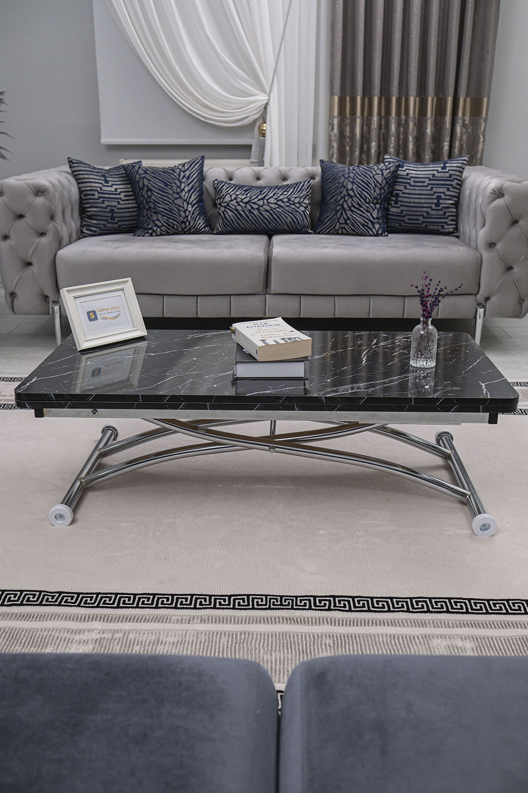 Juppo Smart Coffee Table – Black Marble MDF Top & Chrome Outward Curved Metal Leg