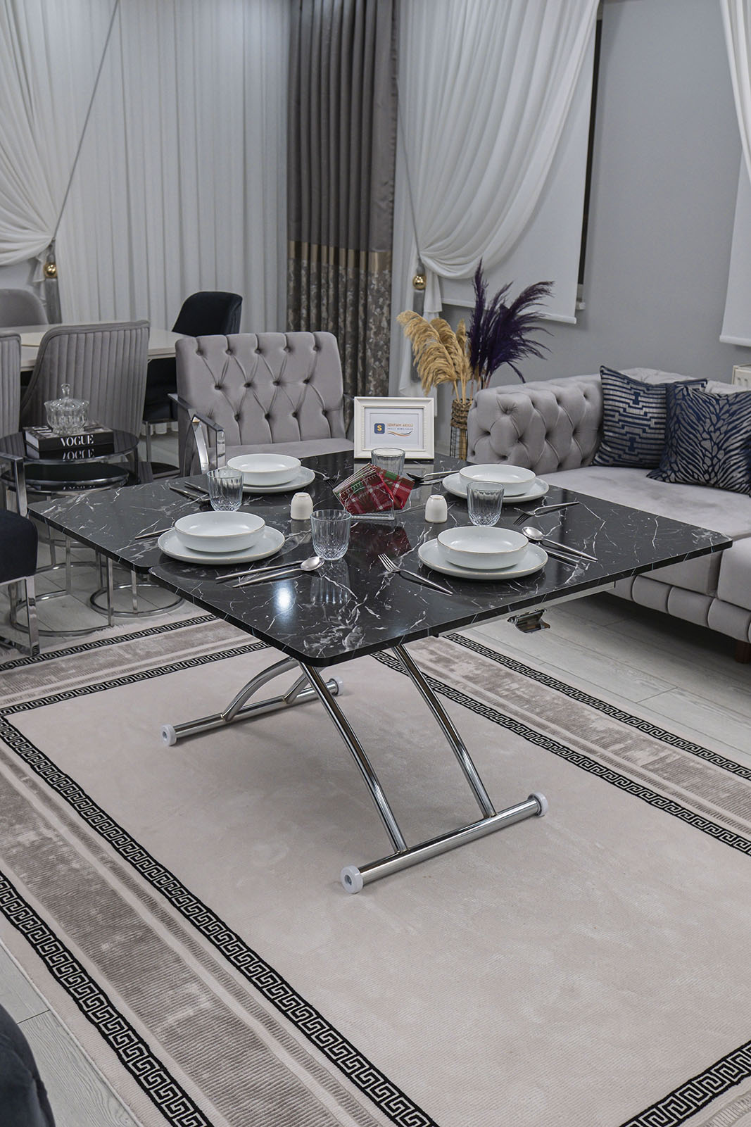 Juppo Smart Coffee Table – Black Marble MDF Top & Chrome Outward Curved Metal Leg