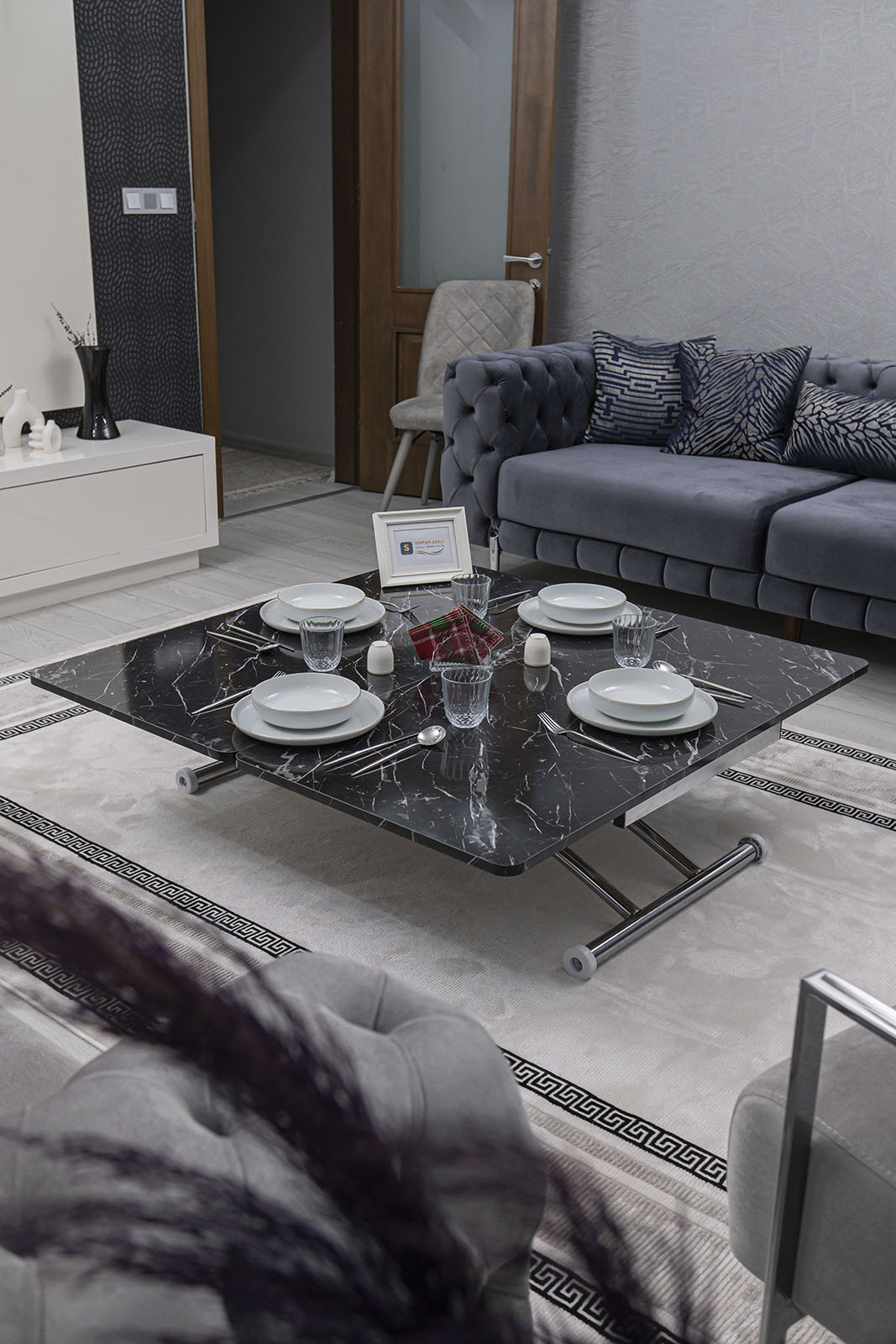 Juppo Smart Coffee Table – Black Marble MDF Top & Chrome Outward Curved Metal Leg