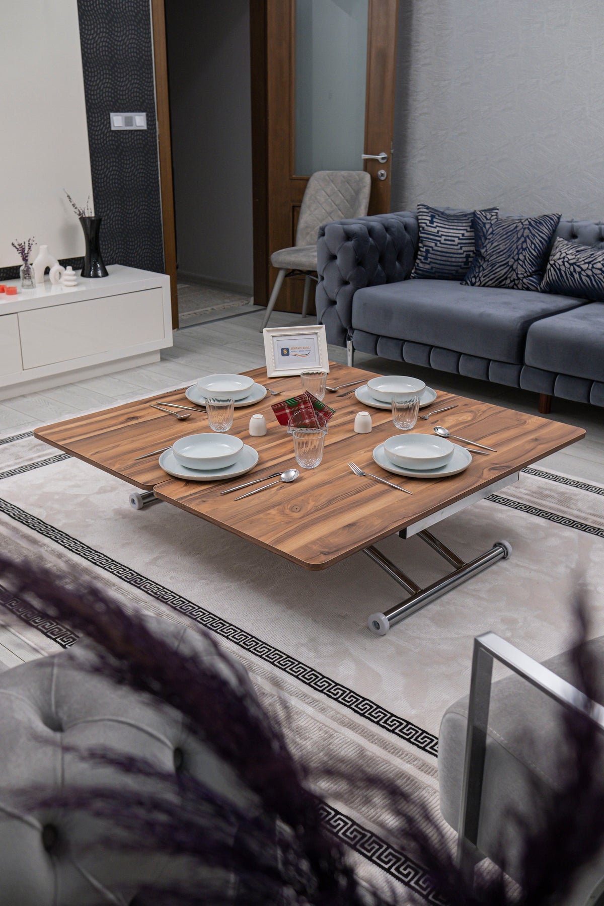 Juppo Smart Coffee Table – White MDF Top & Chrome Outward Curved Metal Leg